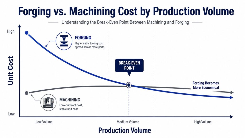 Forging versus machining cost comparison chart showing the break-even point where forging becomes more cost-effective as production volume increases