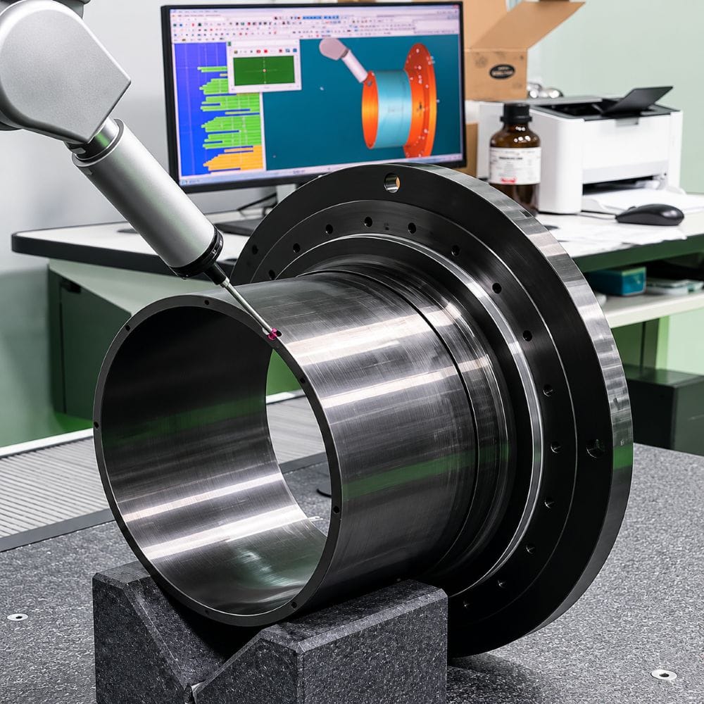 CMM inspection of a machined rotor core component under temperature-controlled conditions to verify dimensional accuracy and concentricity