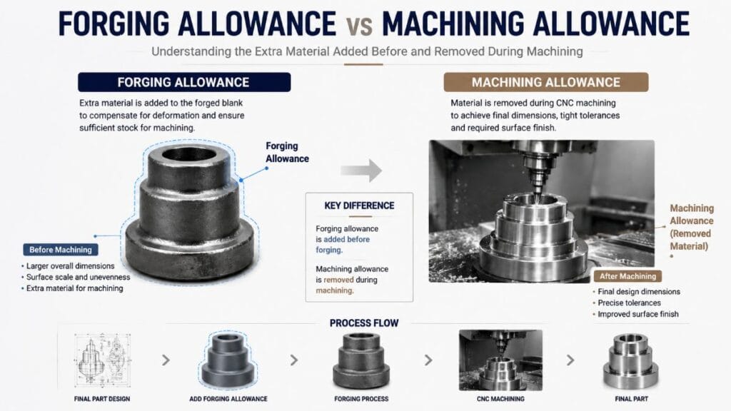 Forging allowance vs machining allowance comparison showing extra material added before machining and removed during CNC machining
