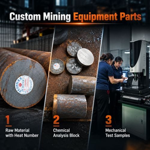 Material traceability for custom mining equipment parts, from heat-numbered steel to chemical analysis and mechanical testing.