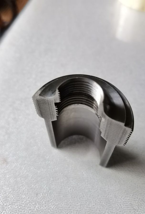 Sectioned custom Drive Nut showing internal thread profile for machining verification