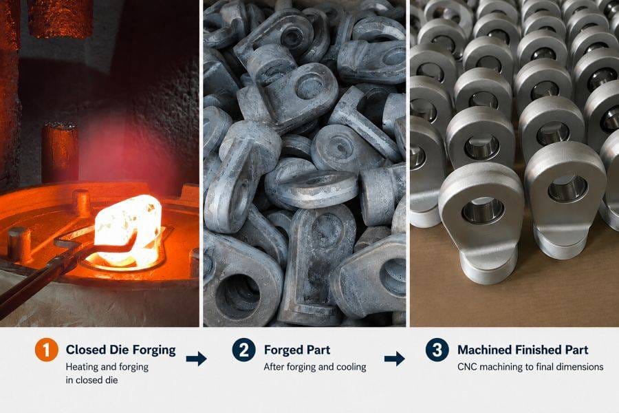 Weforging manufacturing route from closed die forging to forged part and CNC-machined finished component.