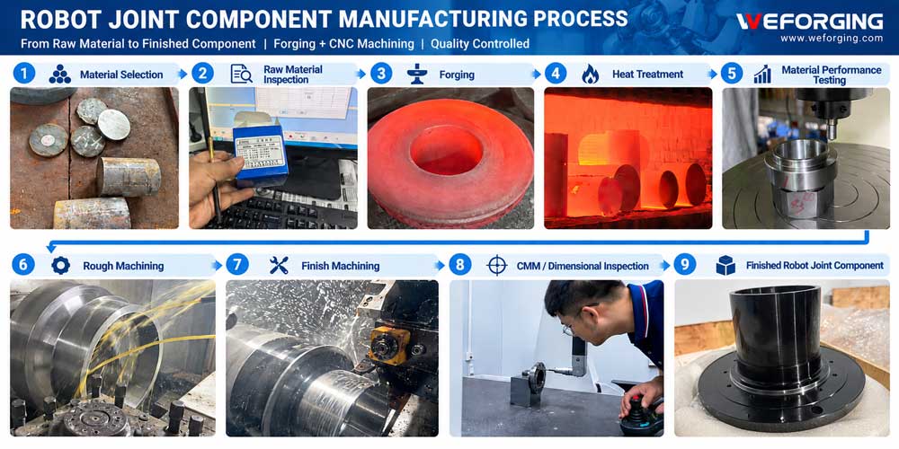 Robot joint component manufacturing process from raw material inspection and forging to CNC machining and CMM inspection