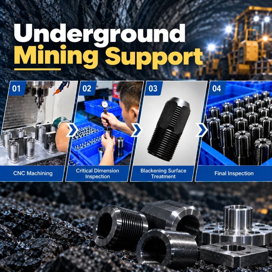 Underground mining support parts manufacturing with CNC machining, dimensional inspection, surface treatment and final inspection