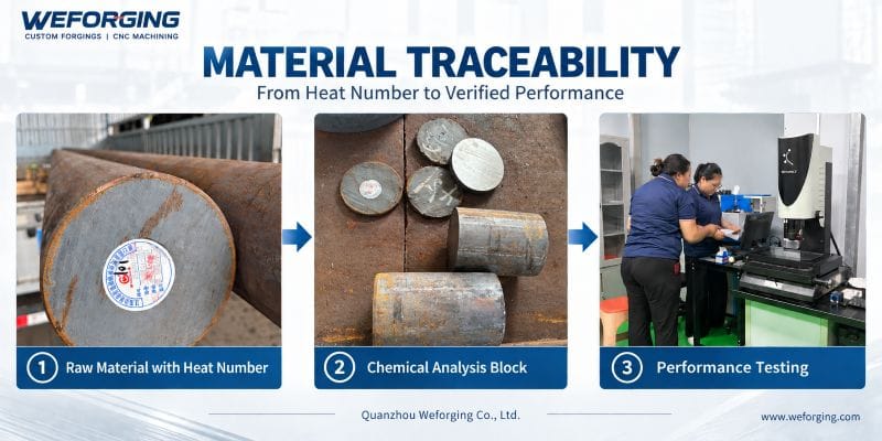 Weforging material traceability process showing heat-numbered raw material, chemical analysis samples, and performance testing for batch quality control.