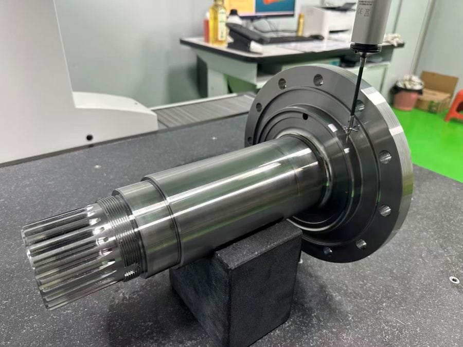 CMM inspection of a machined splined gear shaft with a mounting flange