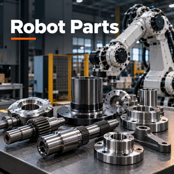 Industrial robot metal parts including precision shafts, hubs, flanges and rotor components for OEM manufacturing.